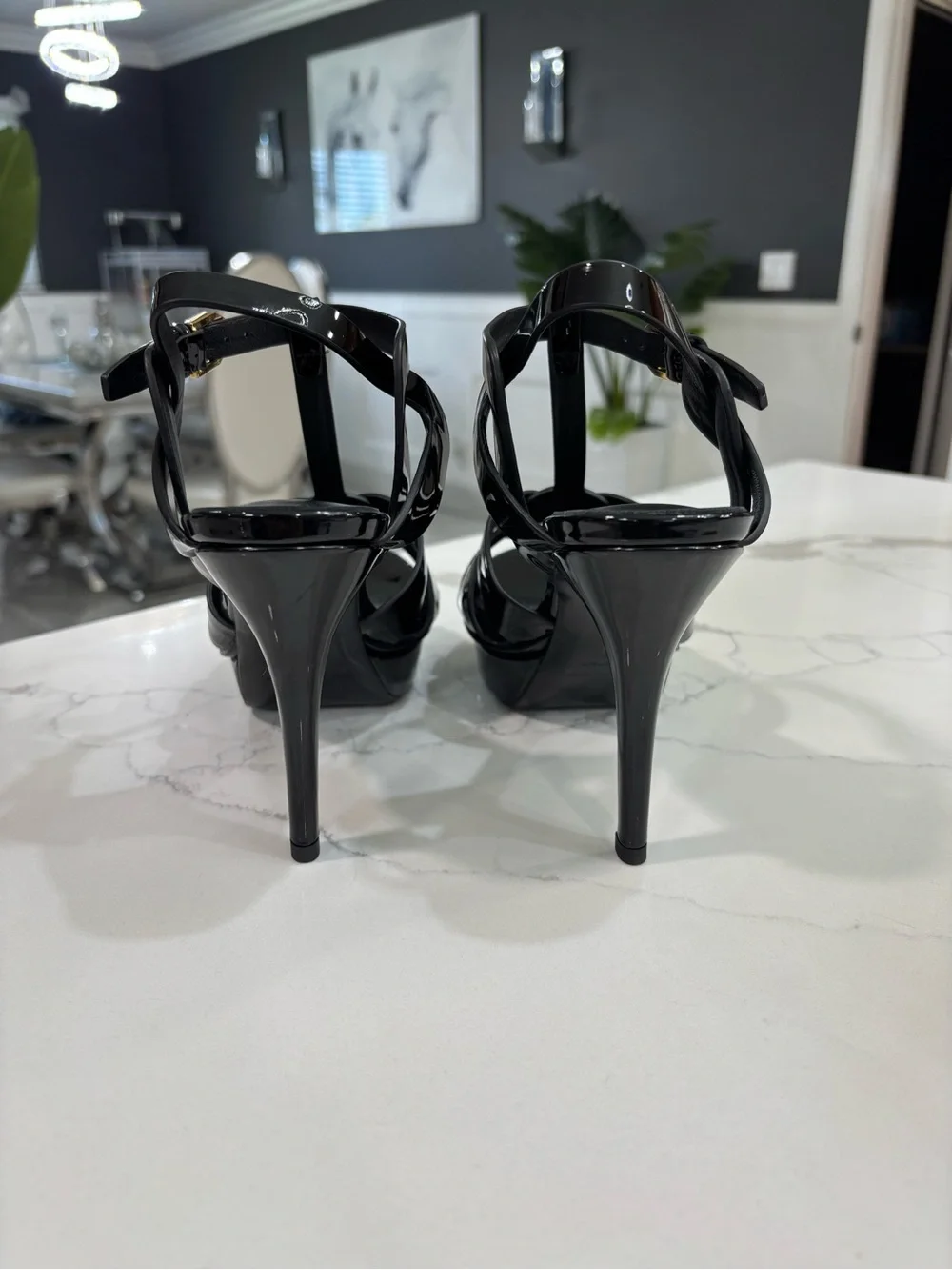 Saint Laurent Black Patent Platform T-Strap Sandals with Gold Buckle - Picture 7 of 12